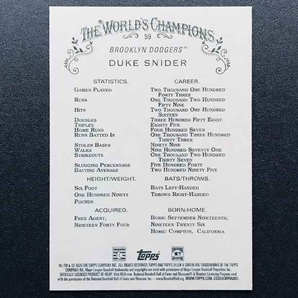 Duke Snider - 2020 Topps Allen and Ginter #59 - Picture 2 of 2